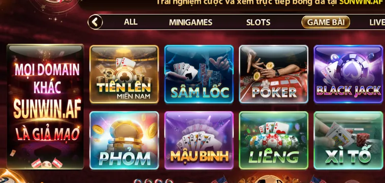 Sảnh game bài đa dạng tại cổng game Sunwin